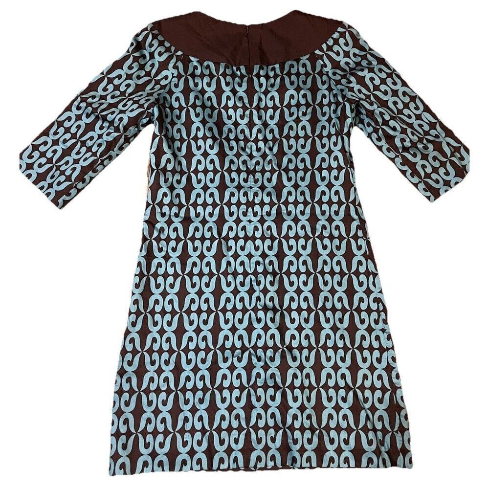 Milly of New York Silk Beaded Collar Shift Mod Dress Size 2 Turquoise Brown - Picture 3 of 7